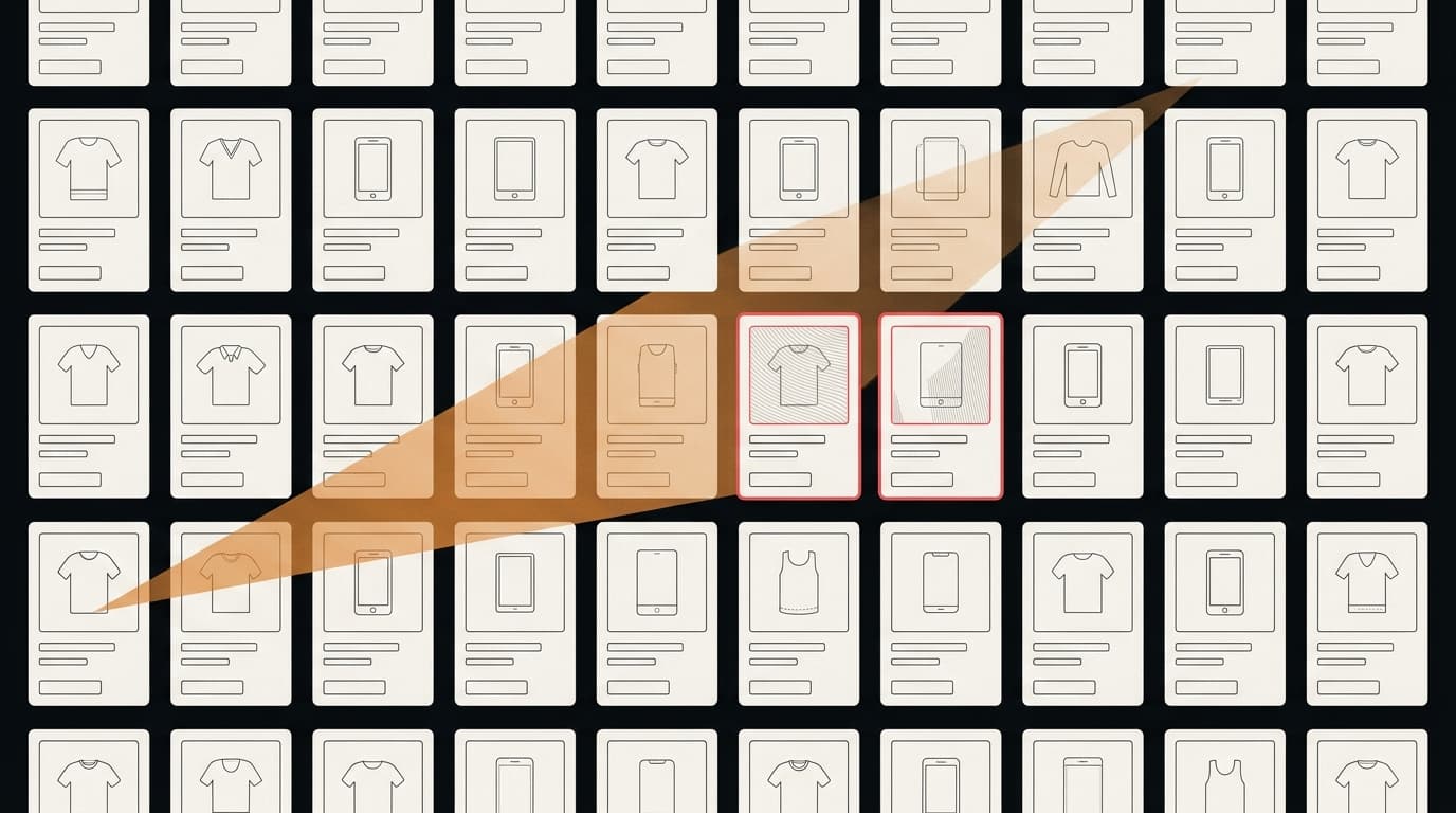 A grid of near-identical product listing cards with a search beam passing over them; two cards are outlined in red.