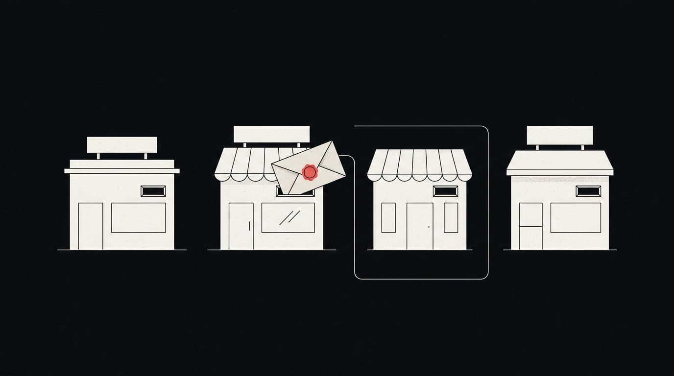 Four simple storefronts in a row; a sealed envelope is routed along a thin line into one of them.