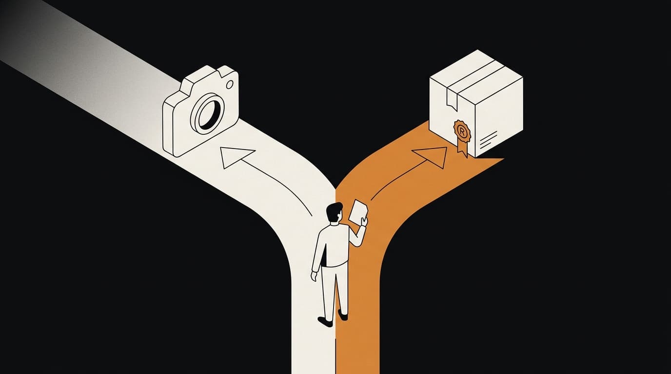 A figure holding a single sheet of paper stands where a path forks; one branch leads to a camera, the other to a sealed product box.