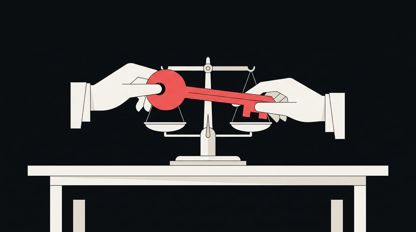 Two hands pass a large red key across a table, over a balance scale.