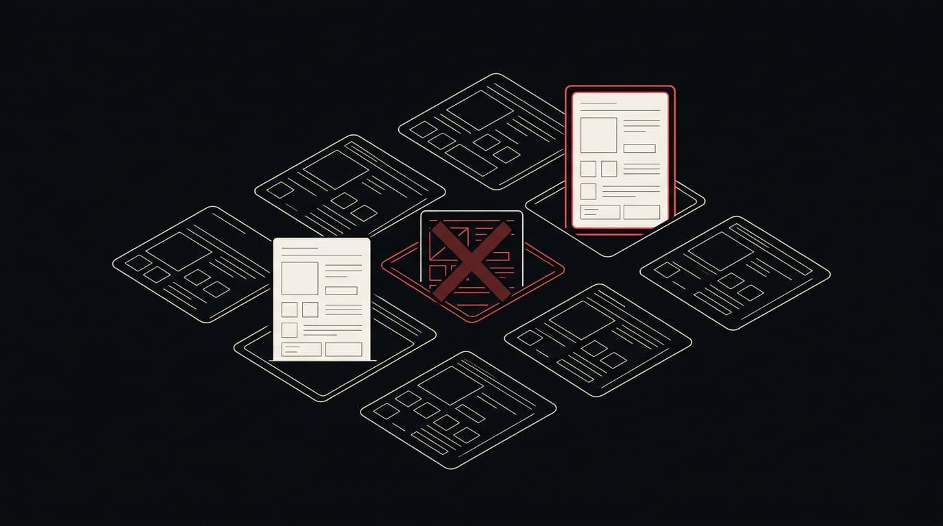 A grid of product listing cards: one is crossed out while new, identical cards appear beside it.