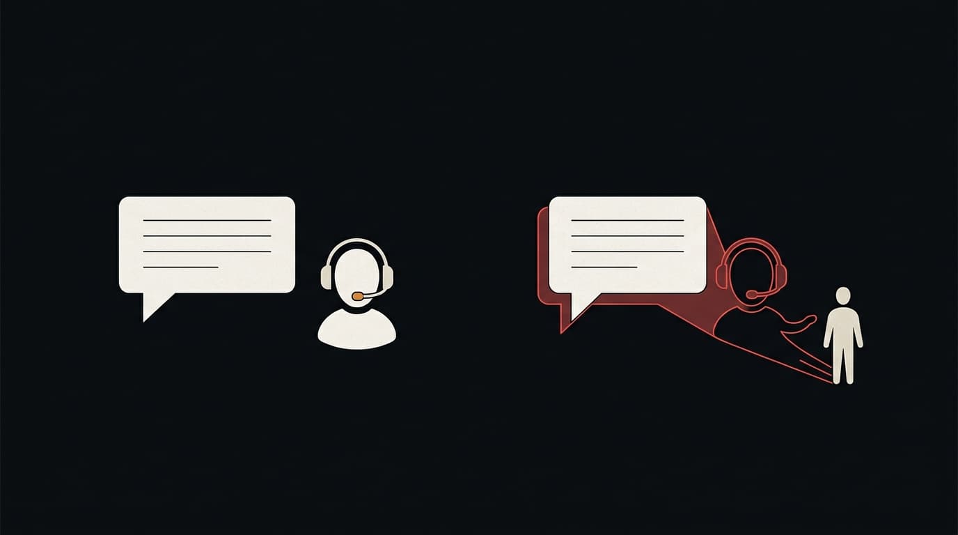 Two near-identical support chat icons; the copy casts a red shadow that reaches toward a customer.