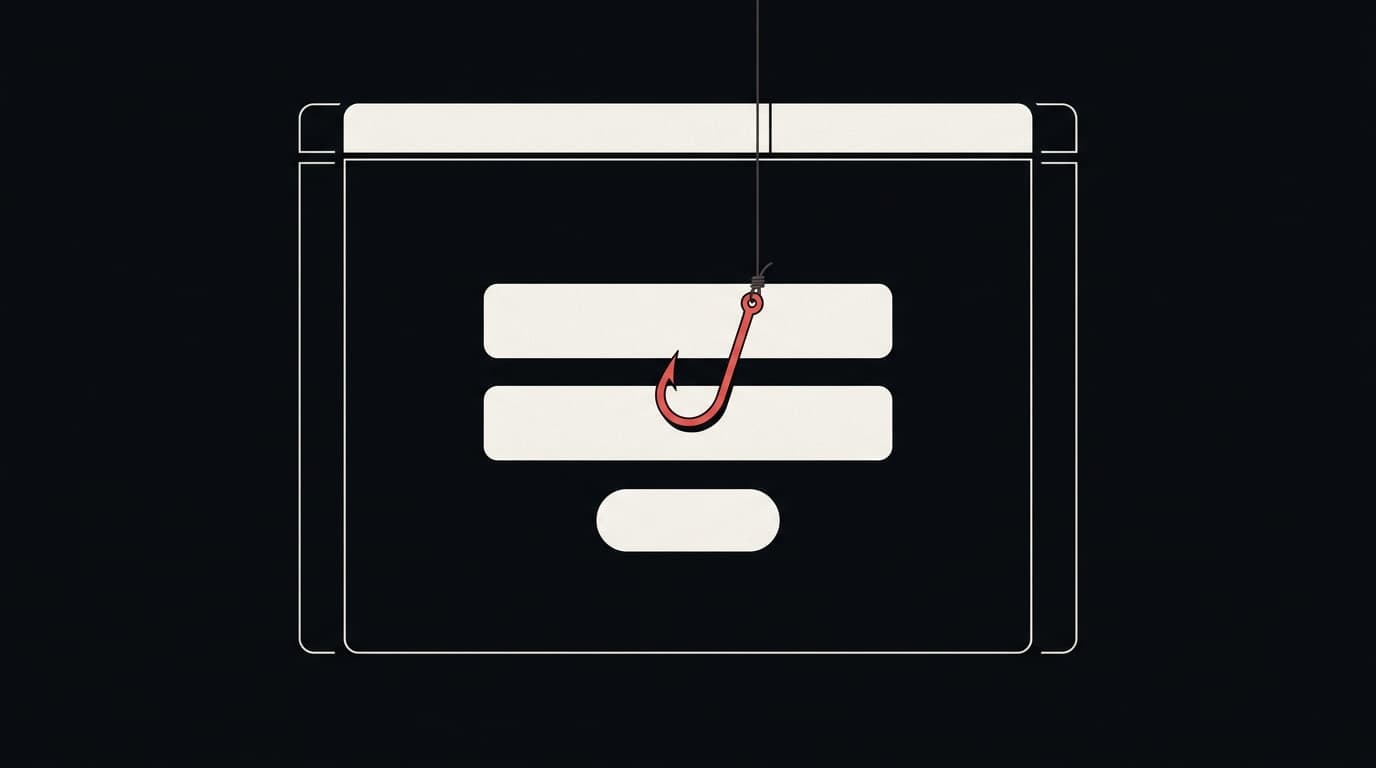 A browser window with a blank login form, and a red fishing hook dropping into the password field.