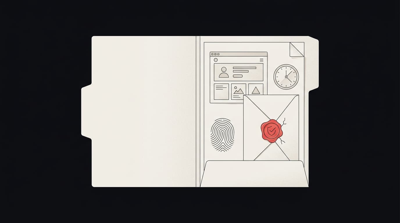 An open case folder holding a screenshot, a clock, a fingerprint pattern and a sealed envelope.