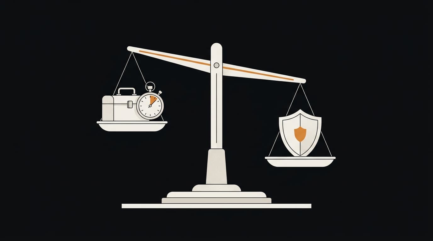 A balance scale with a toolbox and stopwatch on one side and a shield on the other.